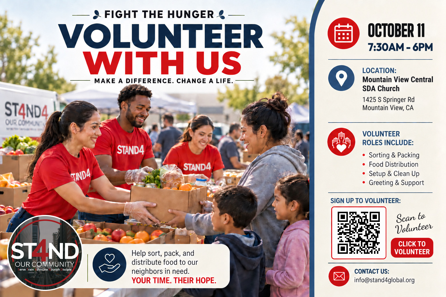 Fight the hunger: volunteer with us. October 11, 7:30 AM to 6 PM, Mountain View Central SDA Church, 1425 S Springer Rd, Mountain View, CA. Sign up below.